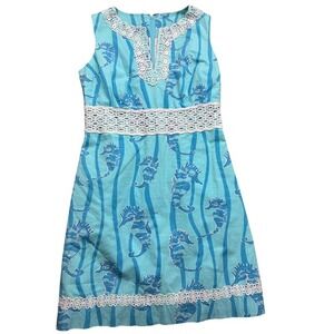 Vintage White Label Lilly Pulitzer Seahorse Promenade Dress Sz 4 Blue Lace Trim